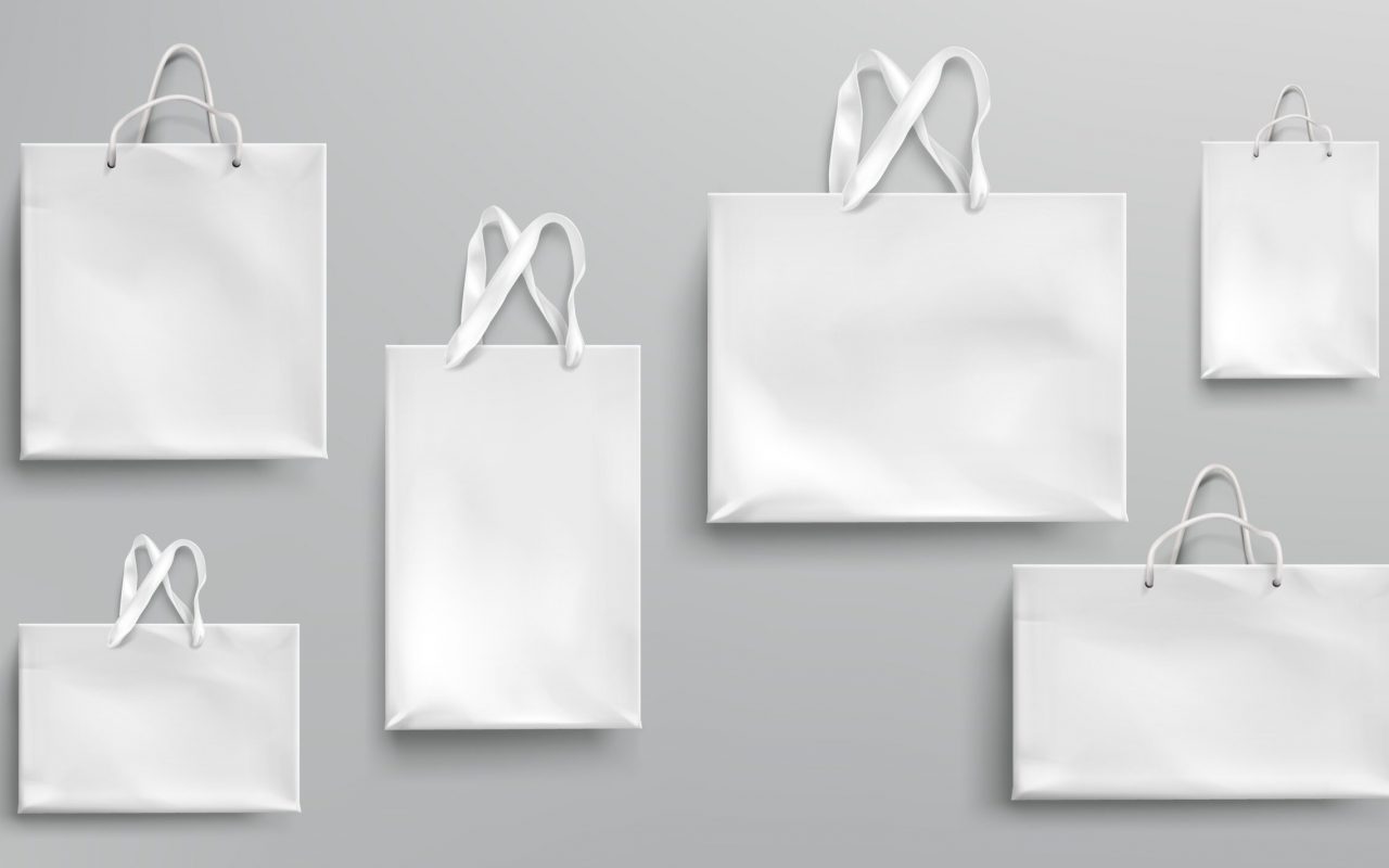 Paper shopping bags mockup, white packages with rope and lace handles, blank rectangular ecological gift packs, isolated mock up for branding and corporate identity design, Realistic 3d vector set